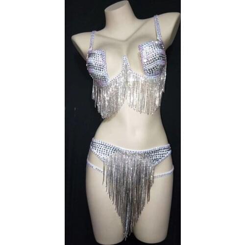 Sexy Pole Dance Gogo Rhinestone Diamond Chain Bra Bikini Suit Female Jazz Hip Hop Dance Clothes DJ Performance Costumes DT2669