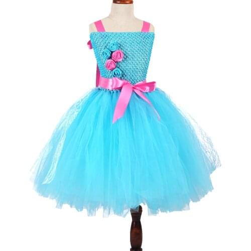 Blue Flower Girls Tutu Dresses Knee Length Toddler Baby Girls Flower Cosplay Party Dresses for Kids Ball Gown Cartoon Clothes