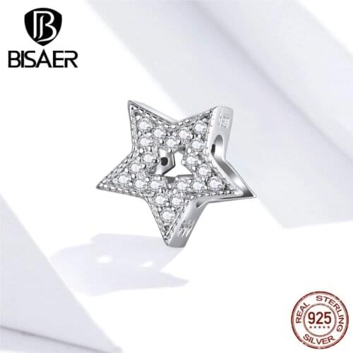 Star Charms BISAER 925 Sterling Silver Cubic Zirconia pave Celestial Star Beads Charm Original Silver 925 Jewelry EFC210