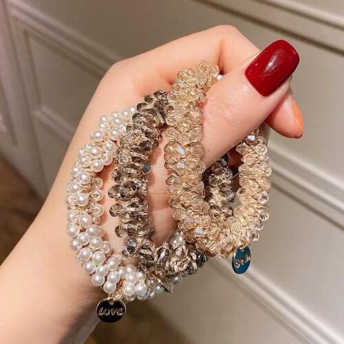 Korean INS Net Red Pearl Hair Rope Crystal Hair Tie Rhinestone Ponytail Simple Tie-up Hair Head Rope Bracelet Dual-Use headband