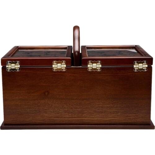 Carved Wood Sewing Basket W / Expanding Box Storage Compartment