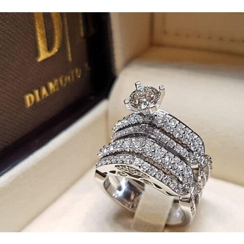 Luxury Female White CZ Ring Set Fashion 925 Silver Filled Jewelry Promise Engagement Rings For Women