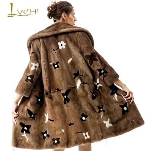 LVCHI Winter 2019 Import Mink Fur Coats Print Flower Womens Natural Fur Nine Quarter Print Long Turn-Down Collar Mink Coats