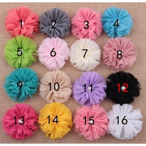 Yundfly 10PCS Chic Shabby Chiffon Flowers with Pearl Center For Hair Accessories Fluffy Frayed Fabric Flowers For DIY Headbands