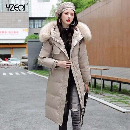 Yzeqi 2021 Women Long Winter Jacket Big Fur Belt Hooded Thick Down Parkas Female Fashion Cotton-padde Jackets Coat Warm Outwear
