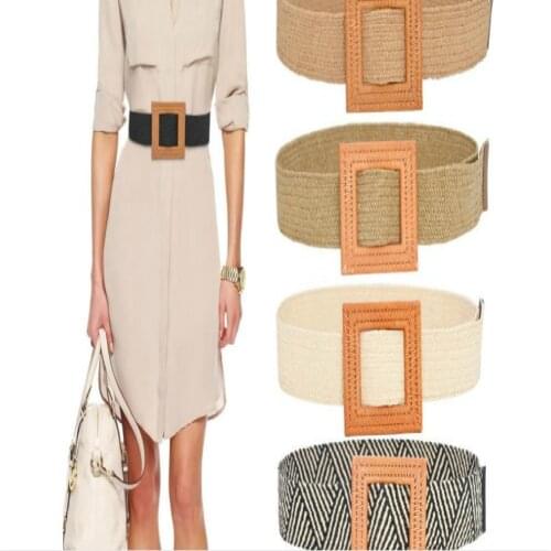 Women Like Straw Weave Belt Wide Simple Round Button Waistband Elastic Woven Bohemian Design Style Dress Jeans Black Hot 90*5CM