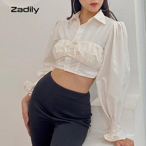 Zadily Long Sleeve White Work Shirt Women Office Lady Folds Button Up Crop Top 2021 Summer Slin Thin Sexy Female Short Shirts