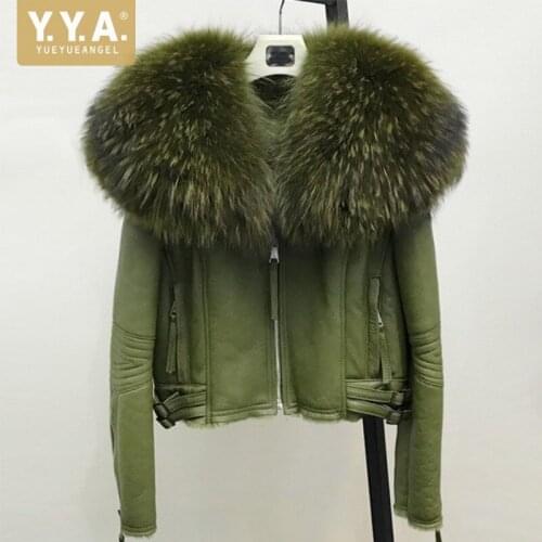 Women Real Sheep Fur Coat Winter Warm Wool Lining Genuine Sheepskin Leather Shearling Jacket Real Large Fox Fur Collar Overcoat