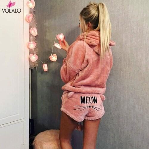 Women Coral Velvet Suit Two Piece Autumn Winter Pajamas Warm Sleepwear Cute Cat Meow Pattern Hoodies Shorts Set 2020 New