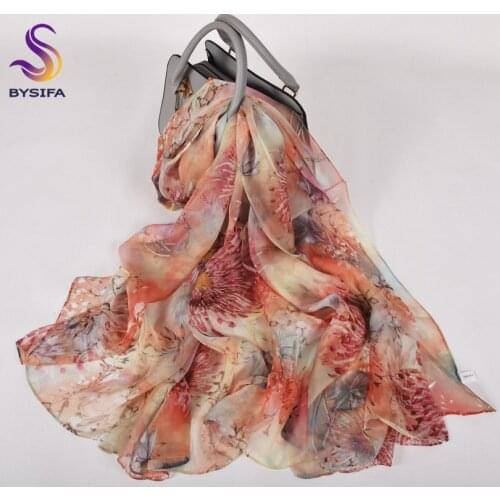 [BYSIFA] Blue Pink 100% Silk Scarf Fashion Brand Daisy Long Scarves Women Summer Utralong Beach Shawl Winter Scarves180*110cm
