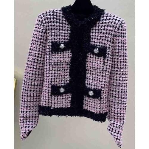 Tweed Elegant Womens Jacket Jacket O-Neck Silver Buttons Contrast Colors Pocket Cardigan Fashion