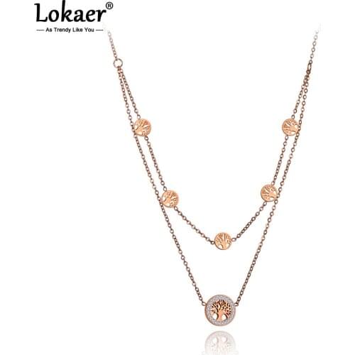 Lokaer Fashion Titanium Stainless Steel Double Layer Tree Choker Necklaces Clay Rhinestone Plant Necklace For Women Girls N20007