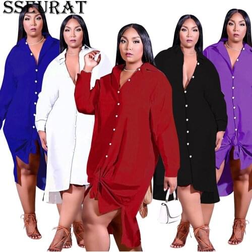 SSEURAT Women Plus Size Dress Solid Full Sleeve Turn-down Collar Single Breasted Loose Maxi Dresses Fashion Outfit Fall