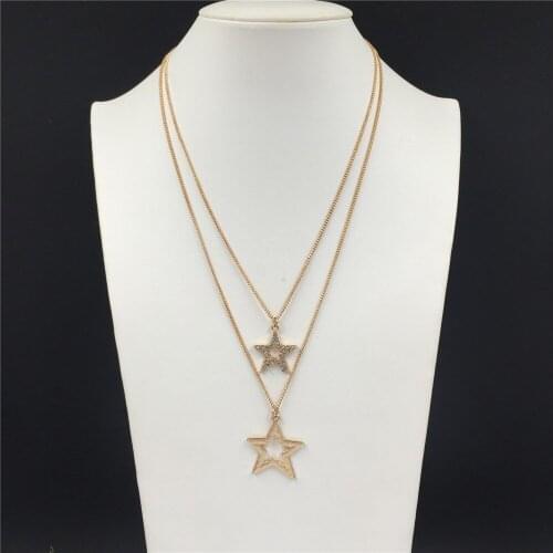 Girly Gold Color Plating Clear Stone Paving Star Hammered Effect Star Layered Necklace For Women Casual Cute Jewelry Accessory