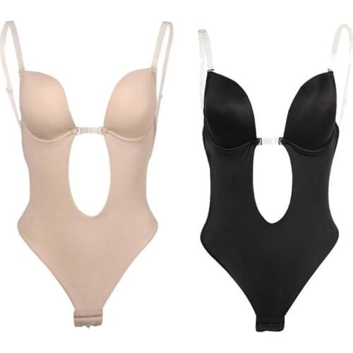 Women Sexy U Plunge Backless Bodysuit Deep V-Neck Seamless Thong Bottom Underwear Padded Push Up Body Shapewear Top for Wedding