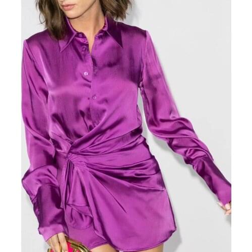 2021 New Lace Up Womens Dress Lapel Collar Long Sleeve Ruched Drawstring For Female Elegant Dress Fashion Autumn Tide