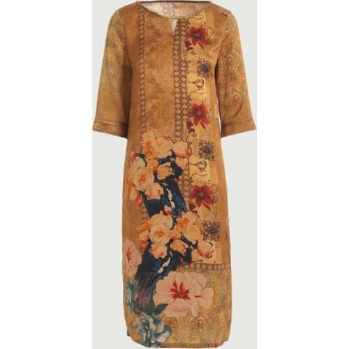 Gowani Autumn New Casual Retro Floral Printed Seersucker Silk Dress Chinese Style Plus Size