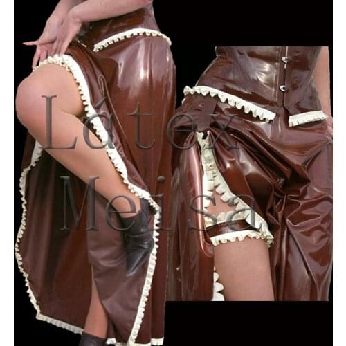 England style straight long latex dress with white ruffles decoration in brown color for women