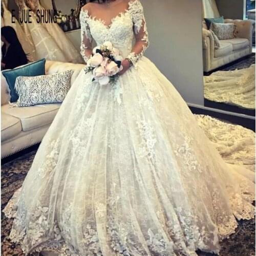 E JUE SHUNG New Floral Tulle Wedding Dresses Sheer Scoop Neck Long Sleeves Appliques Ball Gown Bridal Gowns Vestido De Noiva