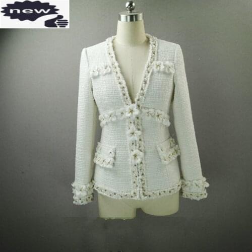 Top Brand Women High Quality Tweed Coat Flowers Aapplique White Lady Slim Fit Jacket Twill Spliced Pearls Beading V Neck Jackets