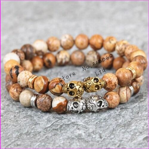 1pcs 2017 new fashion 8mm beads bracelet gold/silver color skull head natural picture stone beads mens bracelet