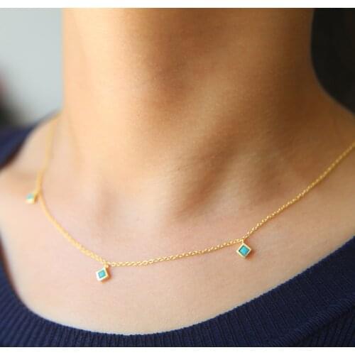 100% 925 Sterling silver Square Turquoises Drop green Charm Necklace For Women girls top quality delicate tiny enamel necklace