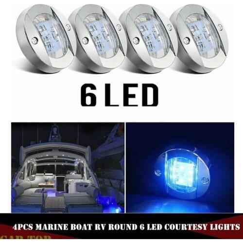 4Pcs DC 12V Round Marine Boat LED Courtesy Lights Cabin Deck Stern 6 LED Side Marker Light Navigation Light Blue