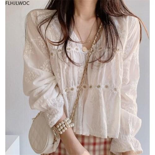 Hollow Out Crochet Tops 2020 Fall Autumn Cute Sweet Casual Loose Preppy Style Girls Japan Style Women Cotton Blend Tops Blouses