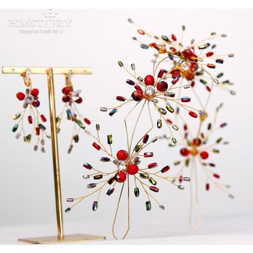 Himstory Handmade Bridal Red Sparkling Flower Crystal Hairband Wedding Headband Women Crown Tiara Hair Accessories