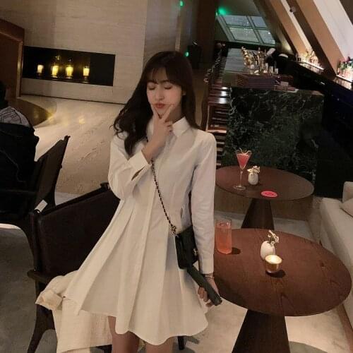 White Temperament Shirt Dress Womens Spring Pleated A-Line Hong Kong Style Retro Chic Waist Mid Length Fashion Skirt Vfemage