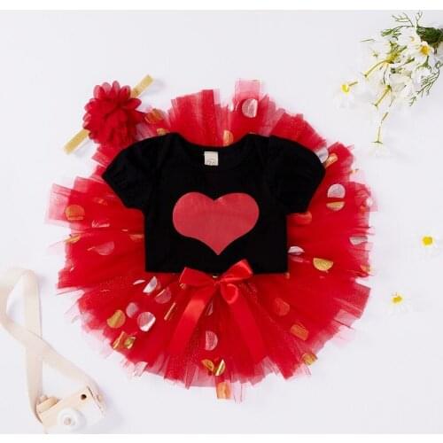 0-18M Newborn Baby Girl Short Sleeve Heart Bodysuit Tops Tutu Polka Dot Skirt Headband 3PCS Outfits Baby Clothing Set