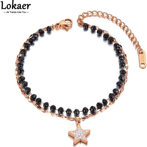 Lokaer Double Layer Stainless Steel Black Crystal Chain Bracelet For Women Bohemia Rhinestone Star Charm Bracelet Jewelry B21081