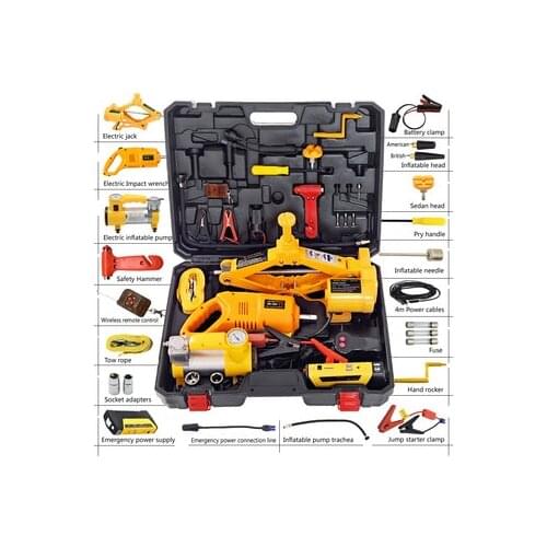 E-HEELP 12V 3Ton Car Electric Jack Built-in Flash LED Light with Impact Wrench & Air pump &Wireless Remote Control &Jump Starter