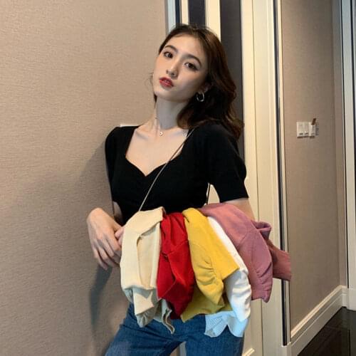 Woman TShirts Womens Tight Top Summer Retro V-neck Puff Sleeve Knitted T-shirt Crop Top Mujer Camisetas