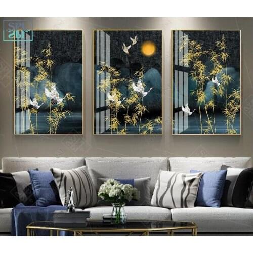 Classical Home Decoration Poster Vintage Chinese Style Golden Bamboo Forest Landscape Canvas Painting Crane Zen Art Wall Picture