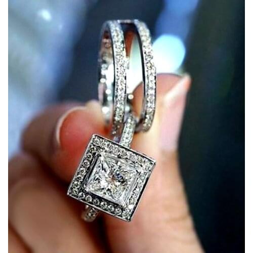 Huitan Creative 2Pcs Wedding Set Rings Paired Fashion Princess Square CZ Ring High Quality Luxury Cubic Zirconia Women Jewelry