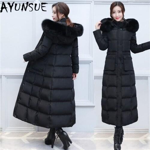AYUNSUE 90% Duck Down Coat Female Real Fox Fur Hooded Womens Winter Down Jacket X-Long Luxury Warm Jackets for Women Parkas
