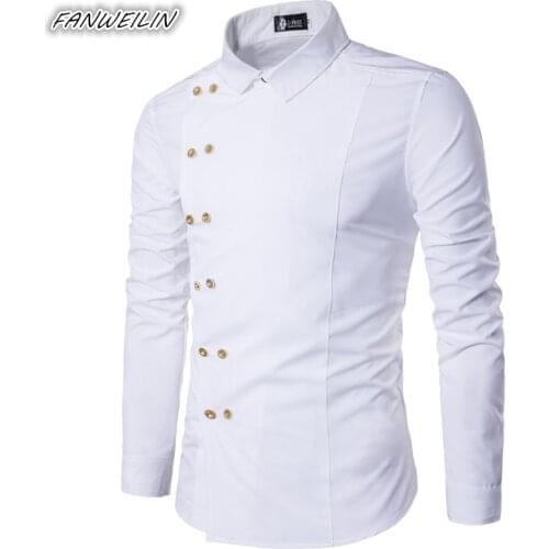 Men Solid Color Long Sleeve Slim Fit White Shirt Autumn Mens Irregular Double Breasted Button Up Ethnic Shirts Chemise Blanche