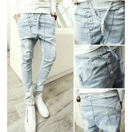 Mens Jeans Pencil Denim Harem Pants Drop Crotch Pants Trousers Blue