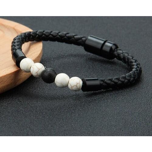 2020 New Style Magnetic Buckle Mens Leather Bracelet Natural Volcanic Stone Beaded Mens Hand Jewelry Factory Outlet