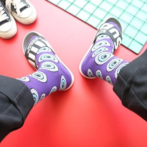 Purple Green Violet Contrast Color Crew Street Fashion Cotton Socks Eye Ball Streetwear Big Circle Small Round Many Eyeballs Sox