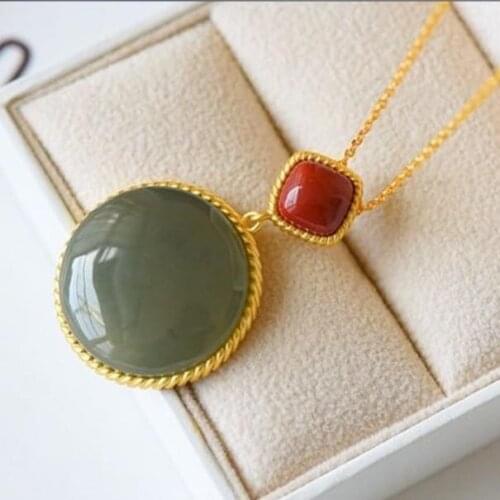 New silver inlaid natural Hetian jade Round Pendant Necklace Chinese style retro elegant light luxury charm womens jewelry