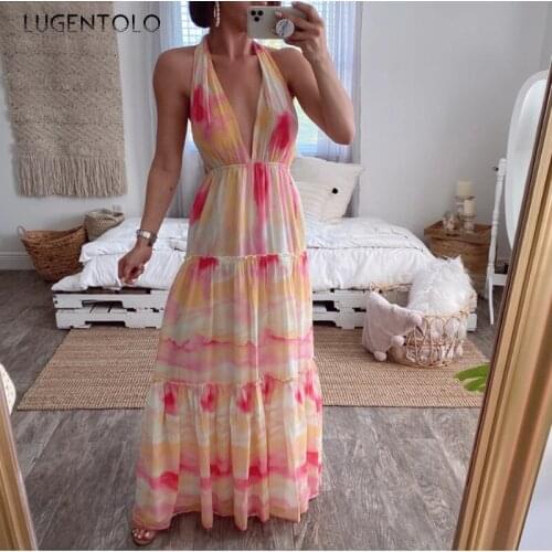 Sexy Dresss Deep V-neck Women Backeless Lace Irregular Empire Dresses Female Summer Thin Print Big Swing Long Dress Lugentolo
