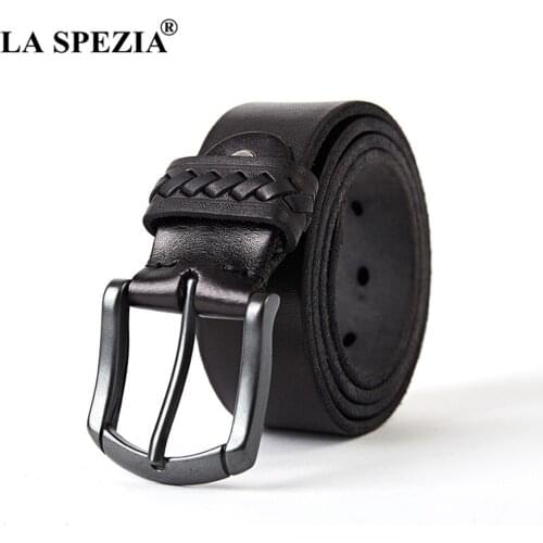 LA SPEZIA Men Leather Belt Black Pin Buckle Genuine Leather Belt Male Vintage Casual High Quality Trouser Belt Real Leather