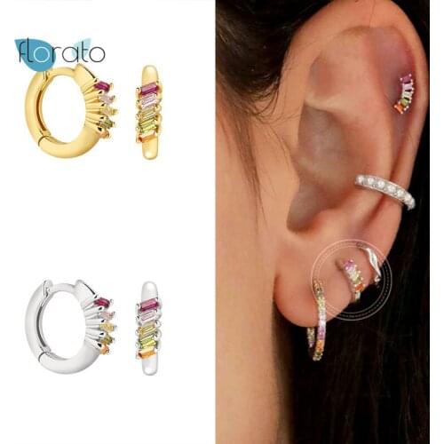 925 Sterling Silver Ear Buckle Rainbow Crystal Hoop Earring For Women Luxurious CZ Huggie Earrings Fashion Females Party Jewelry