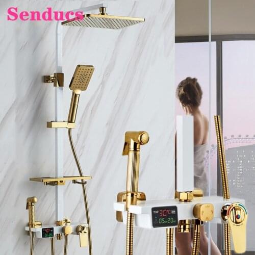 Thermostatic Shower Set Senducs White Gold Bathtub Mixer Faucet 10 Inch ABS Rainfall Shower Head Luxury Digital Shower Mixer Set