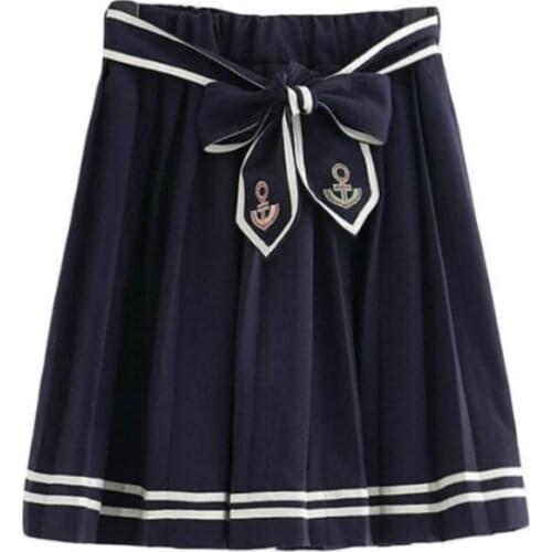 Merry Pretty Womens Cartoon Embroidery Navy Blue Pleated Skirts 2019 Elasticity Waist Lace Up Mini Skirts Sweet Girl Cute Skir
