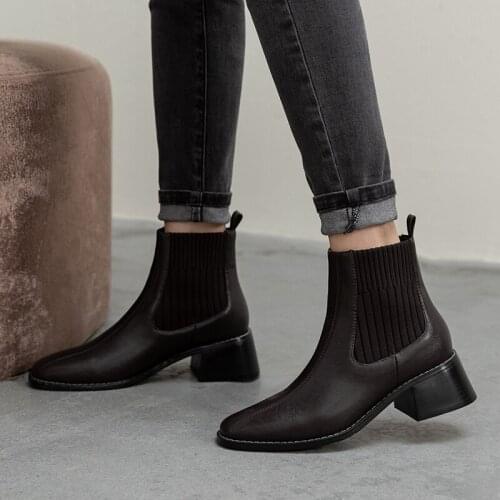 Vintage Square Toe Shoes Woman PU Leather Thick Heels Ankle Boots Elastic Band 2020 Winter Party Working Boots Chelsea boots