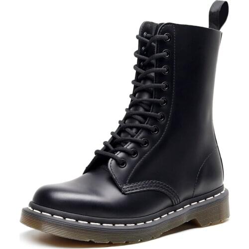 2021 Brand Genuine Leather Women Boots Chunky Motorcycle Boots Couple Boots Fashion Round Toe Lace-up Combat Boots luxury shoes