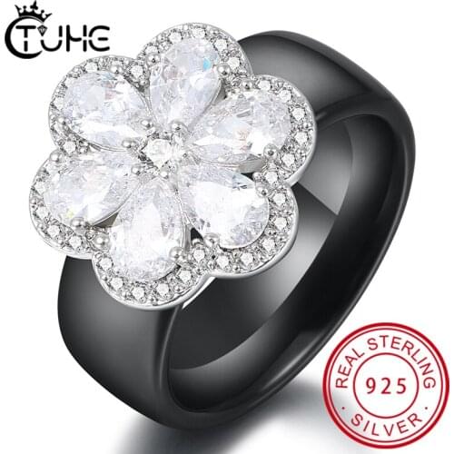 2019 New Fashion Crystal Rhinestone White Flower Wedding Rings For Women Jewelry Accessories Ceramic Engagement Ring Bague Femme